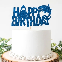 Shark Happy Birthday Glittering Cake Pick Topper